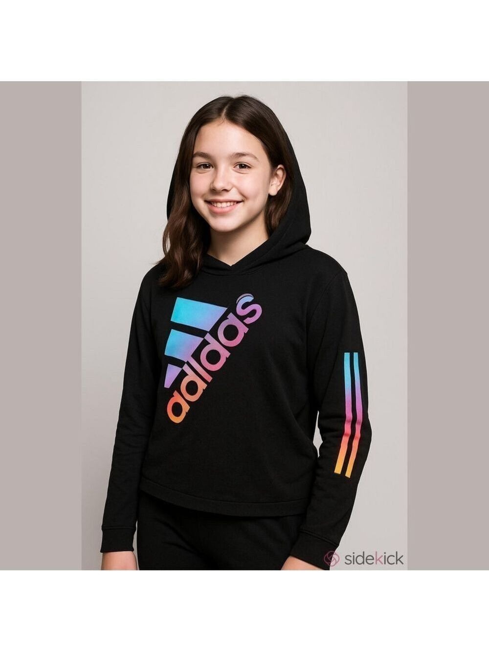 adidas Girls Black Gradient Ombre Logo Fleece Hoodie Sweatshirt Size L 14 AA3070